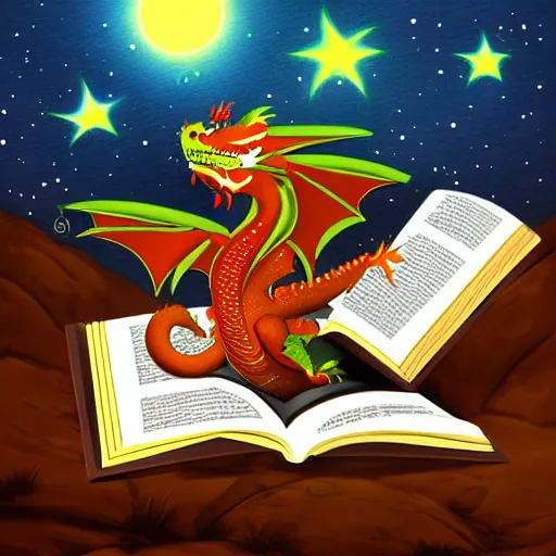 Image similar to dragon reading book under the stars, digital art