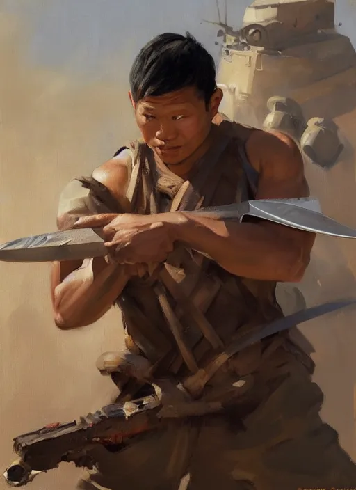 Image similar to greg manchess portrait of a filipino man holding a blade standing in front of a tank, asymmetrical, profile picture, organic painting, sunny day, matte painting, bold shapes, hard edges, street art, trending on artstation, by huang guangjian, gil elvgren, ruan jia, randy vargas, greg rutkowski