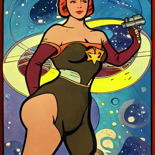 Image similar to a curvy woman with straight brown hair, floating in space. she is an astronaut, wearing a space suit. well composed, clean elegant painting, beautiful detailed face. comic book art by steve ditko and jack kirby and ( alphonse mucha )