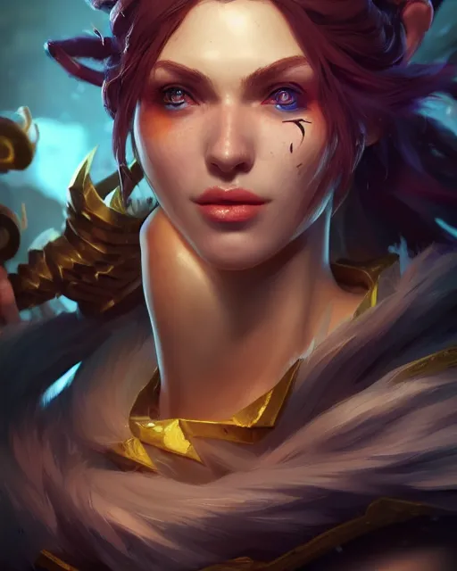 Image similar to league of legends portrait, au naturel, hyper detailed, digital art, trending in artstation, cinematic lighting, studio quality, smooth render, unreal engine 5 rendered, octane rendered, art style by klimt and nixeu and ian sprigger and wlop and krenz cushart.