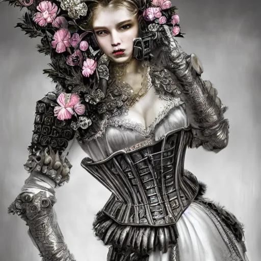 Image similar to A masterpiece ultrarealistic ultradetailed portrait of a Incredibly beautiful angel armored princess knight IN INCREDIBLE ceramic GAS MASK WITH FLOWERS and swarovski crystals. baroque renaissance. in the forest. White amazing corset. medium shot, intricate, elegant, highly detailed. trending on artstation, digital art, by Stanley Artgerm Lau, WLOP, Rossdraws, James Jean, Andrei Riabovitchev, Marc Simonetti, Yoshitaka Amano. background by James Jean and Gustav Klimt, light by Julie Bell, 4k, porcelain skin. BY ZDIZISLAW BEKSINSKI Cinematic concept art