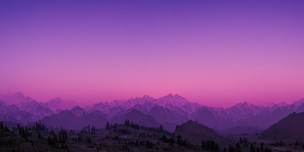 Prompt: 4k portrait of Kashmir with purple sunset and dark themes