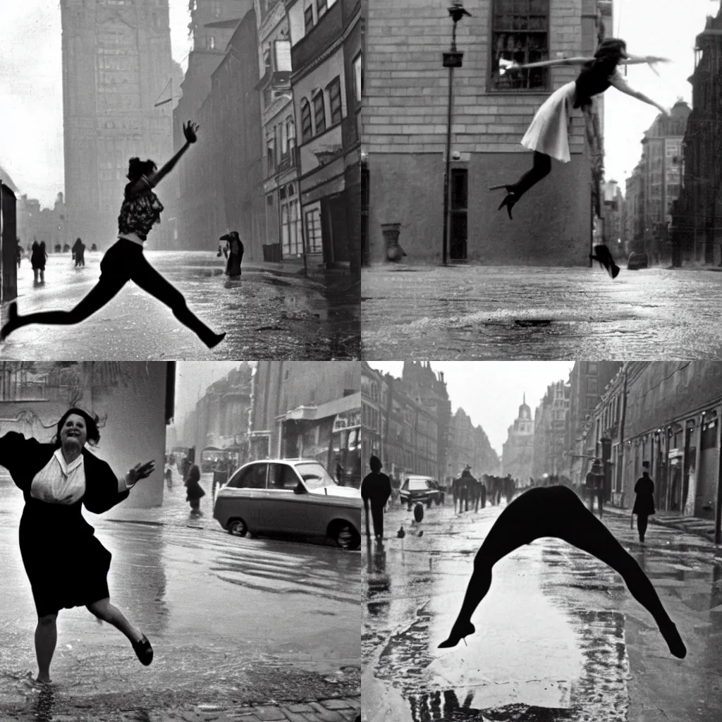 Image similar to A woman wearing a dress leaping over a large puddle in the street, the decisive moment by Henri Cartier-Bresson, photographed on a Leica camera