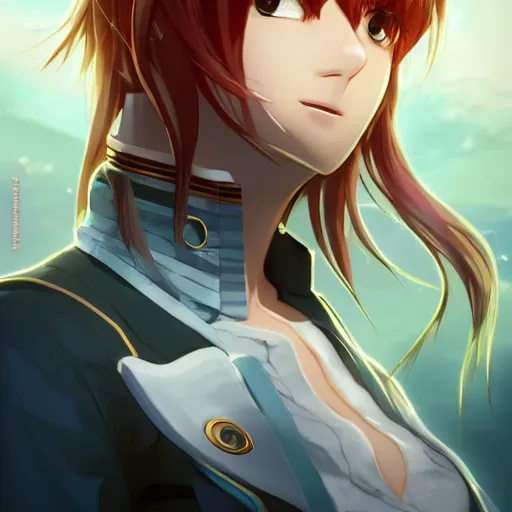 Image similar to profile shot of rimuru tempest looking forward, sky blue hair, ponytail, long bangs, gold eyes, black jacket with white stripes and a high collar, highly detailed, roman city, concept art, shutterstock, cinematic, wlop | artgerm, pixiv, ilya kuvshinov, greg rutkowski, yoshitaka amano