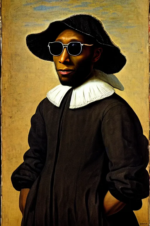 Prompt: high quality celebrity portrait of yasiin baye aka mos def in a crown and sunglasses painted by the old dutch masters, rembrandt, hieronymous bosch, frans hals, symmetrical detail