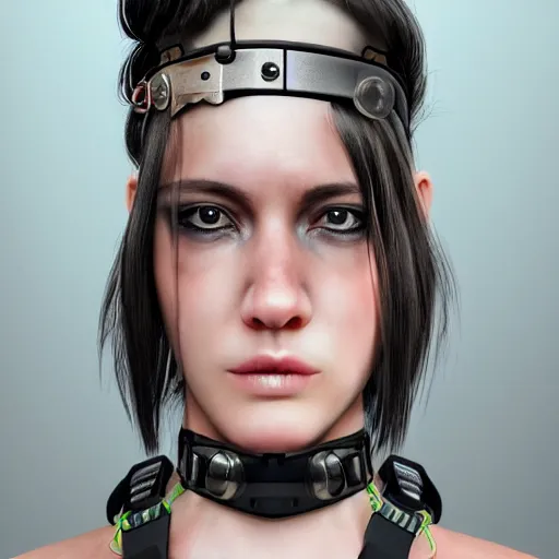 Prompt: detailed realistic female character cyberpunk wearing thick steel collar around neck, realistic, art, beautiful, 4K, collar, choker, collar around neck, punk, artstation, detailed, female, woman, choker, cyberpunk, neon, punk, collar, choker, collar around neck, thick collar, choker around neck, wearing choker, wearing collar, eyes, thick collar,