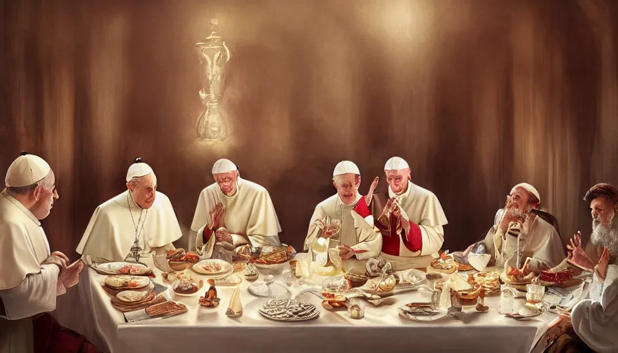 Image similar to the pope at a shabbat dinner, hyperdetailed, artstation, cgsociety, 8 k