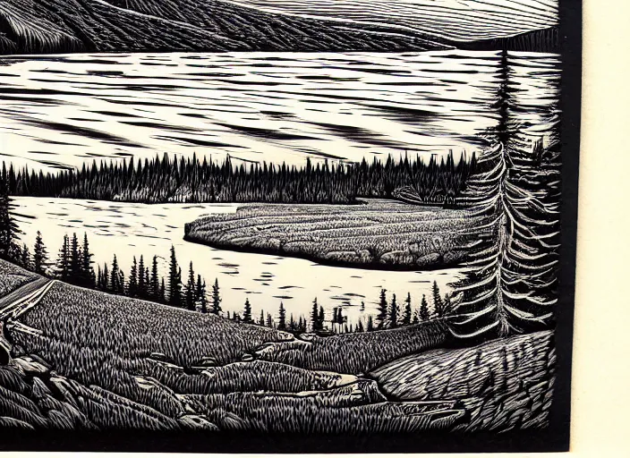 Image similar to an award winning Wood engraving on paper of The Canadian lakes