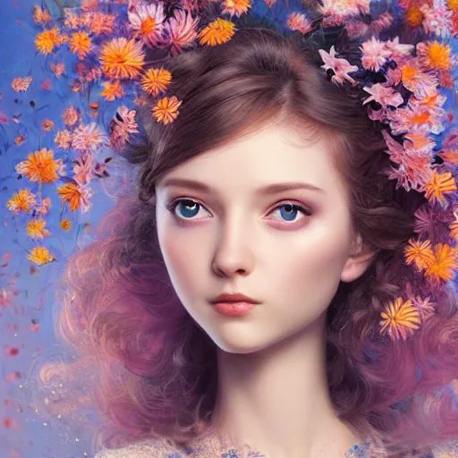 Prompt: an intelligent young women looking at the camera, she has a beautiful unconventional face, she is surrounded by an explosion of flowers, elegant, highly detailed, digital painting, artstation, concept art, pop, smooth, sharp focus, illustration, art by mark ryden and gaston bussiere 3 d 8 k ultra detailed