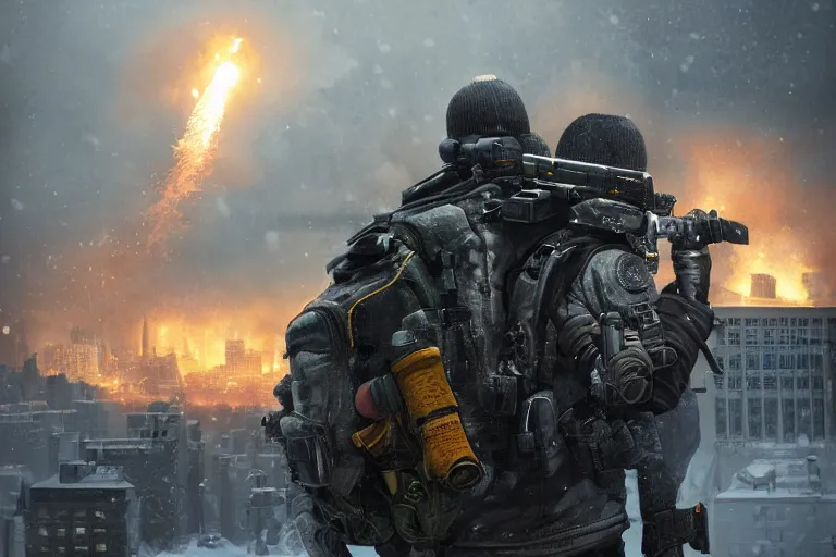 Prompt: close-up portrait of a group of agents from (Tom Clancy's The Division), (snowy new york in background), fires in background, high detail, digital art, matte painting, trending on artstation, by Tom Garden, by Marek Okon