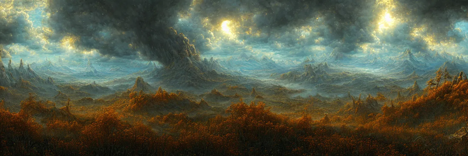 Image similar to ultra realist intricate detailed landscape painting of the end of the world, very intricate details, bokeh focus, 8 k render, by les edwards, award winning