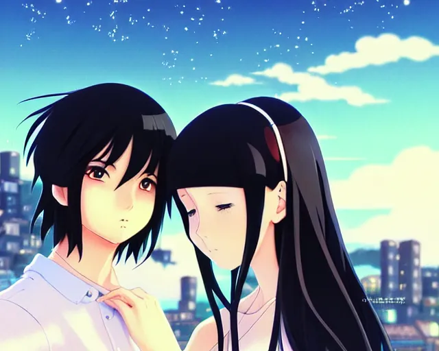 Image similar to beautiful anime girl with long black hair and bangs, beautiful anime guy with white hair, wearing black clothes, couple, fine details portrait, japense village in background, bokeh. anime masterpiece by Studio Ghibli. illustration, sharp high-quality anime illustration in style of Ghibli, Ilya Kuvshinov, Artgerm