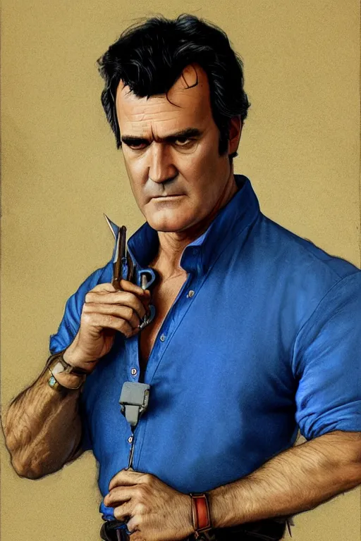 Prompt: Bruce Campbell in a blue bloody shirt with a shoulder strap, innocent, intricate, elegant, highly detailed, digital painting, artstation, concept art, smooth, sharp focus, illustration, art by artgerm and greg rutkowski and alphonse mucha