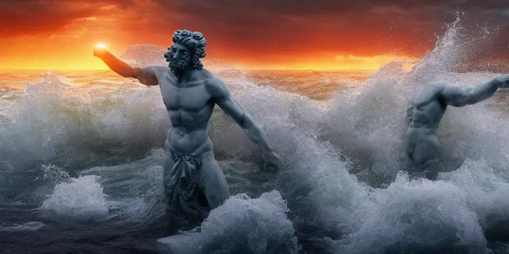 Prompt: a photograph of a marble Poseidon statue emerging from a stormy sea at sunset, photo-realistic, very beautiful, ultra-detailed, 4k