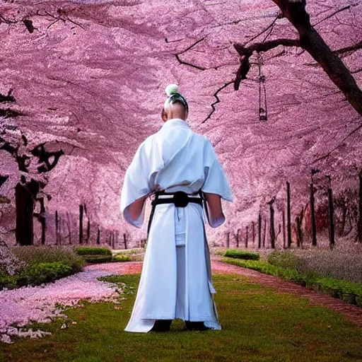 Image similar to a beautiful White cloaked Samurai Warrior with Sword Drawn in a garden of Cherry Blossom Trees :: Mystical, Magical, Supernatural :: by Mitsuru Adachi