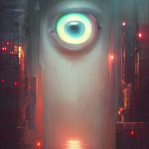 Image similar to neuromancer, closeup portrait of a young beautiful cyberpunk woman, eye implants, sunset, cyberpunk city background, megacity, gorgeous view, depth, painted by seb mckinnon, high detail, digital art, painted by greg rutkowski, trending on artstation