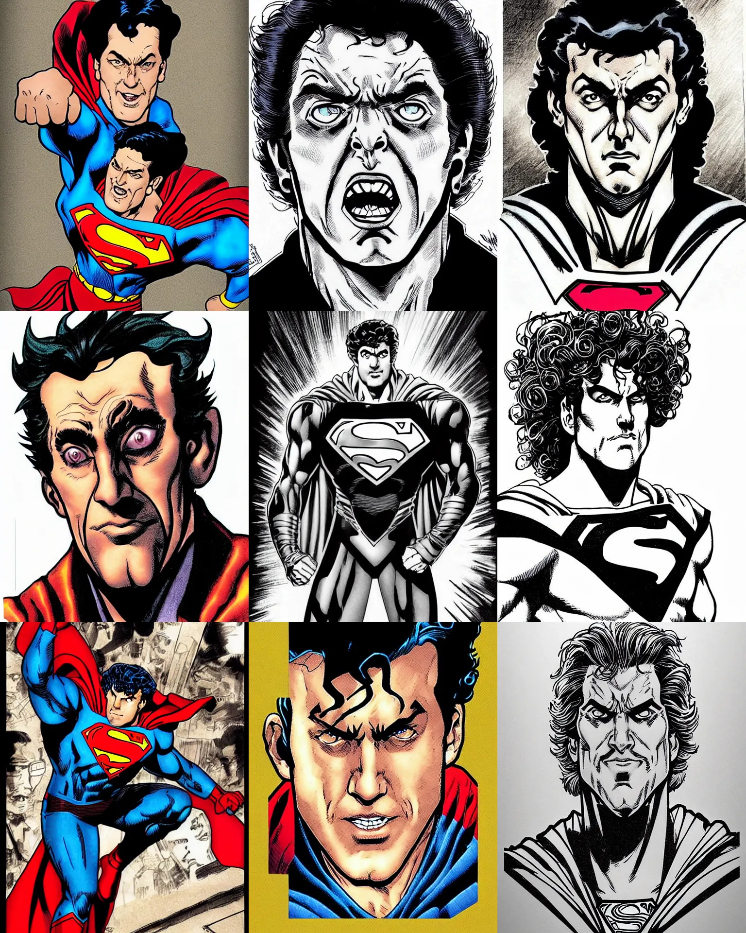 Prompt: vincent schiavelli!!! jim lee!!! flat ink sketch by jim lee face close up headshot superman costume in the style of jim lee, x - men superhero comic book character by jim lee