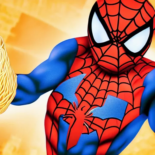 Image similar to close up zoom photo of spiderman eating noodles