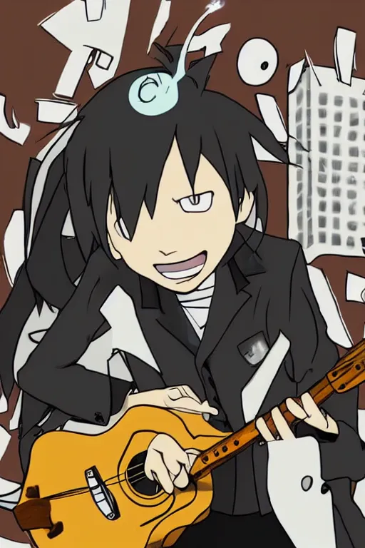 Prompt: Dr. Stein from Soul Eater playing a guitar