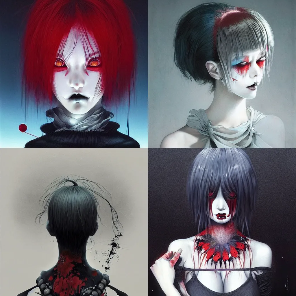 Prompt: beautiful! coherent!!! detailed! expert! professional manga seinen cover art portrait art of a goth clowngirl, painted by ilya kuvshinov!!!!! and zdzislaw beksinski # wow