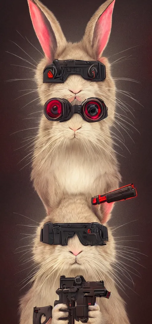 Image similar to portrait of neon fur rabbit with red eyes and a machine gun , 8k, highly detailed, sharp, realistic, in style of Brom