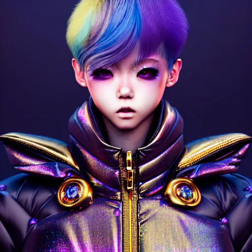 Image similar to hyperdetailed streets metals and shiny iridescent gems, dark rainbow nimbus, gold necklace, puffer jacket, inspired by ross tran and masamune shirow and kuvshinov, intricate, photorealistic, octane render, rtx, hdr, unreal engine, dnd digital art by artgerm