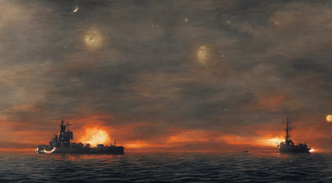 Prompt: Close up of battleship firing its cannons in a cloudy night in the middle of the ocean, lit by a single moon, oil painting