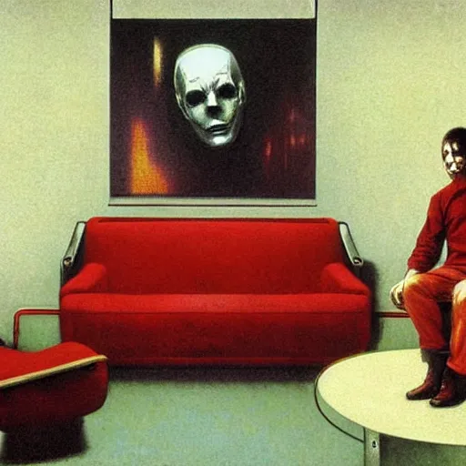 Prompt: michael myers sitting in a red sofa in an art deco living room, award - winning realistic sci - fi concept art by beksinski, bruegel, greg rutkowski, alphonse mucha, and yoshitaka amano