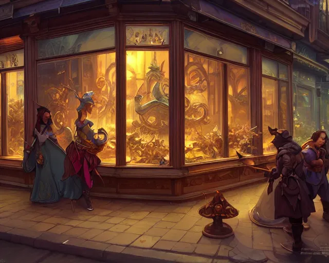 Image similar to shop front, window, magic items, busy street, deep focus, d & d, fantasy, intricate, elegant, highly detailed, digital painting, artstation, concept art, matte, sharp focus, illustration, hearthstone, art by artgerm and greg rutkowski and alphonse mucha