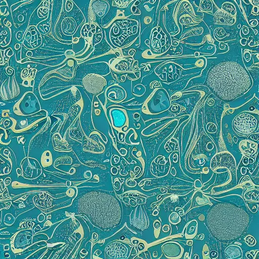 Prompt: beautiful and artistic mycelium on a fantastic planet and unusual inhabitants of the oceans, protozoa, amoeba, diatoms, highly detailed, pattern with optical illusion, tiling texture repeating fabric pattern