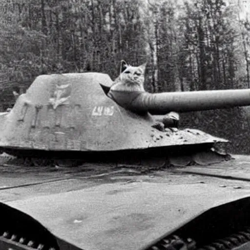 Prompt: old photograph of fat cat driving a world war 2 tank