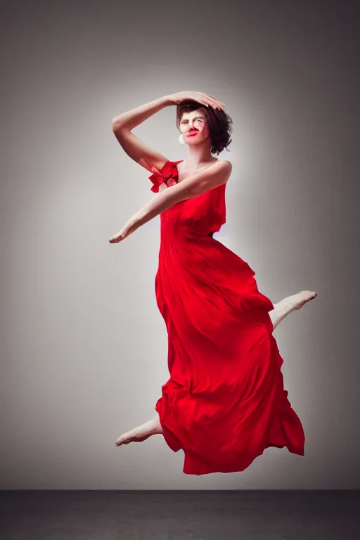 Image similar to woman dancing in a crimson summer dress, fashion magazine, elegant, dynamic movement, photorealistic camera shot, bright studio setting, studio lighting, crisp quality and light reflections