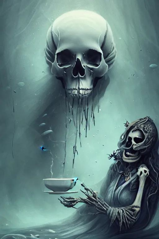 Prompt: Sad lonely skull faced Death is drinking tea in large underwater room, surrounded by fishes ,wearing cloak made of smoke and ashes, death is partly draped with bones, death is split in two with smoke, fantasy, intricate, elegant, highly detailed, digital painting, artstation, woamn is curved, concept art, smooth, sharp focus, illustration, art by Ilja Repin