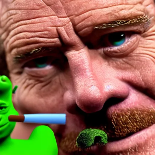 Image similar to closeup portrait of bryan cranston smoking meth with shrek