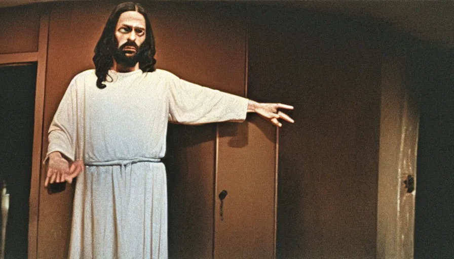 Image similar to 7 0 s film still from a horror movie starring jesus, kodachrome, cinecolor, cinestill, film grain, film texture, retro, cinematic, high resolution, photorealism,