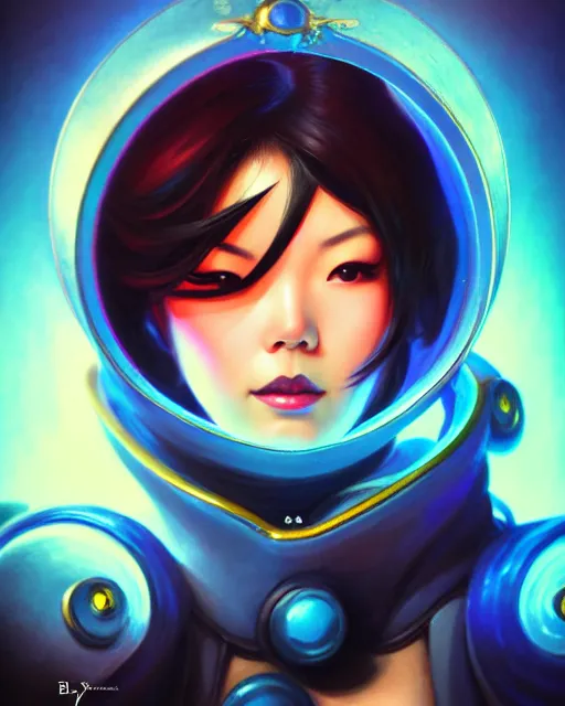 Image similar to mei from overwatch, elegant, colorful, fantasy, fantasy art, character portrait, portrait, close up, highly detailed, intricate detail, amazing detail, sharp focus, vintage fantasy art, vintage sci - fi art, radiant light, caustics, by boris vallejo