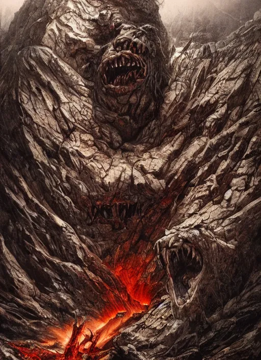 Image similar to a monster in the mountains of hell, oil painting by tomasz jedruszek and stephen king, the master of horror, cinematic lighting, pen and ink, intricate line, hd, 4 k, million of likes, trending on artstation