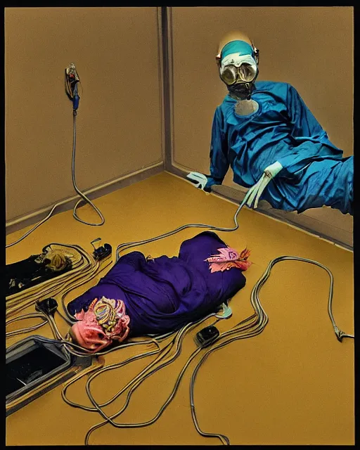 Prompt: Two exhausted doctors wearing gas masks, draped in silky gold, blue and purple, inside a decayed operating room, in the style of Francis Bacon, Esao Andrews, Zdzisław Beksiński, Edward Hopper, surrealism, art by Takato Yamamoto and James Jean