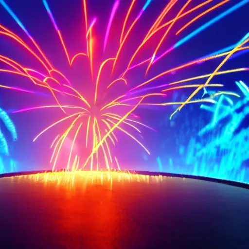 Image similar to isometric neon fireworks exploding over a dark ocean distance octane render 4 k trending on artstation