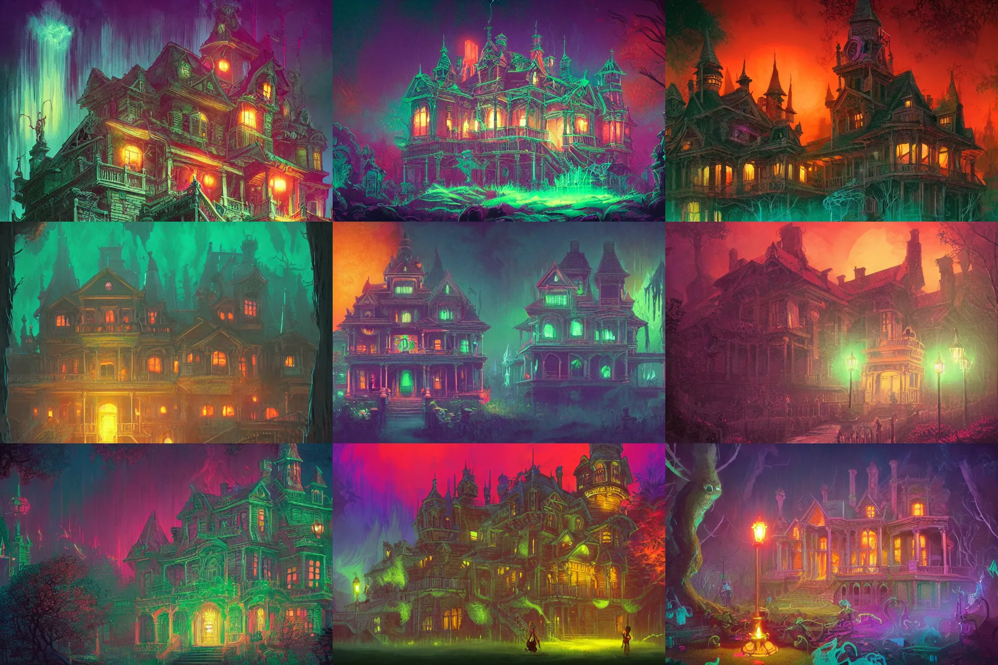 Prompt: haunted mansion, grainy texture!!!!!, infographic with illustrations!!!, glowing lights, epic fantasy, colorfully, digital art, highly saturated colors, concept art, detailed illustration, hd, 4 k, digital art, greg rutkowski, dan mumford, studio ghibli trending on artstation