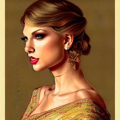 Prompt: beautiful portrait of taylor swift wearing assamese mekhela sleeveless silk saree, fantasy, intricate, elegant, highly detailed, digital painting, artstation, concept art, smooth, sharp focus, luxury fashion illustration, art by artgerm and greg rutkowski and alphonse mucha, brightly lit cinematic soft lighting, photorealistic, assam tea village background