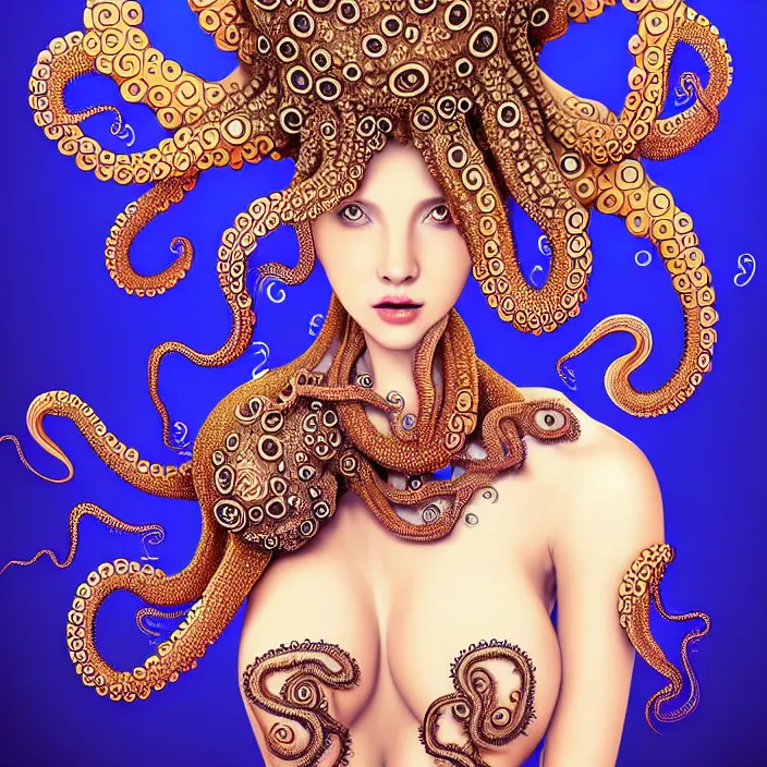 Prompt: photo portrait of a beautiful woman like a queen- octopus-dressed in long elegant intricate ornamental ethereal dress, natural skin tone, intricate mandelbrot fractal highly detailed tentacles ornament in the upper side of breast, bust with a very long neck , hair are wired tentacles, elegant, highly detailed intricate jellyfishes ornament in her long hair, Realistic, Refined, Highly Detailed, natural soft lighting colors scheme, fine art photography by Tim Walker, volumetric lighting, hyper realistic photography, 8 k