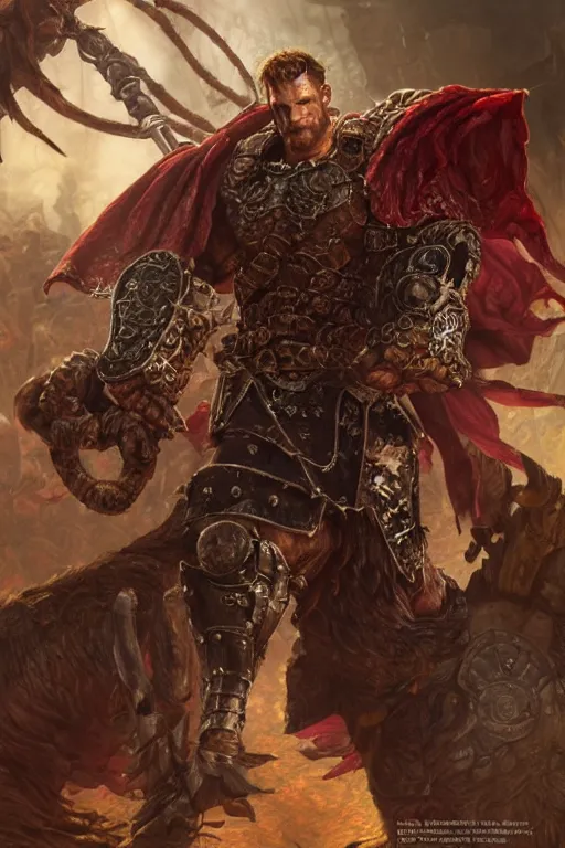 Image similar to ultra realistic illustration,, a hulking herculean alexander skarsgard with leather armour, from doom and warhammer, intricate, elegant, highly detailed, digital painting, artstation, concept art, smooth, sharp focus, illustration, art by artgerm and greg rutkowski and alphonse mucha