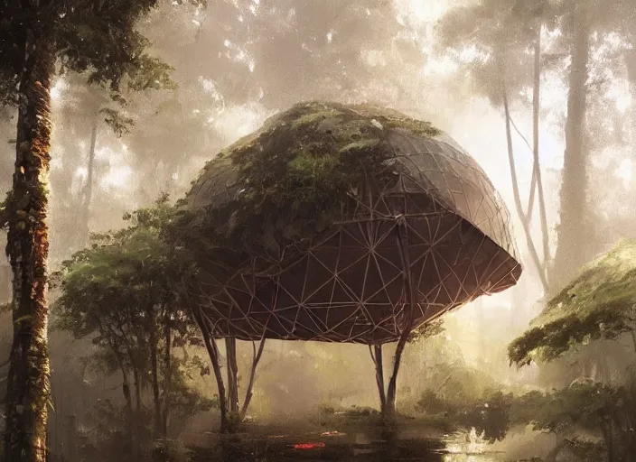 Prompt: a beautiful painting of a geodesic house in a moist tropical rainforest, by greg rutkowski, realism, artstation, nature