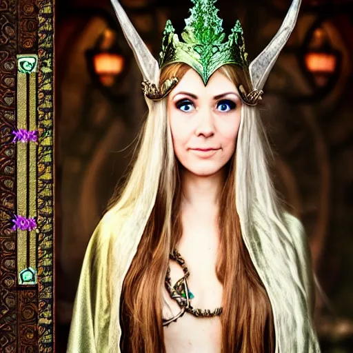 Image similar to photo of a real-life beautiful elven queen with ornate robes and crown