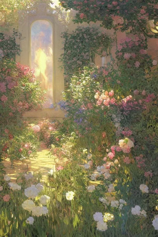 Prompt: a beautiful painting of a garden, ray of light, warm, shimmering and prismatic, rococo, by krenz cushart and mucha and monet, trending on artstation.