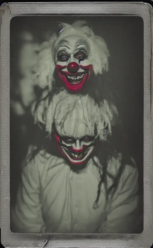 Image similar to an eerie polaroid photograph of a scary evil horrifying clown in the backrooms, nighttime, dimly lit, creepy hd 4k