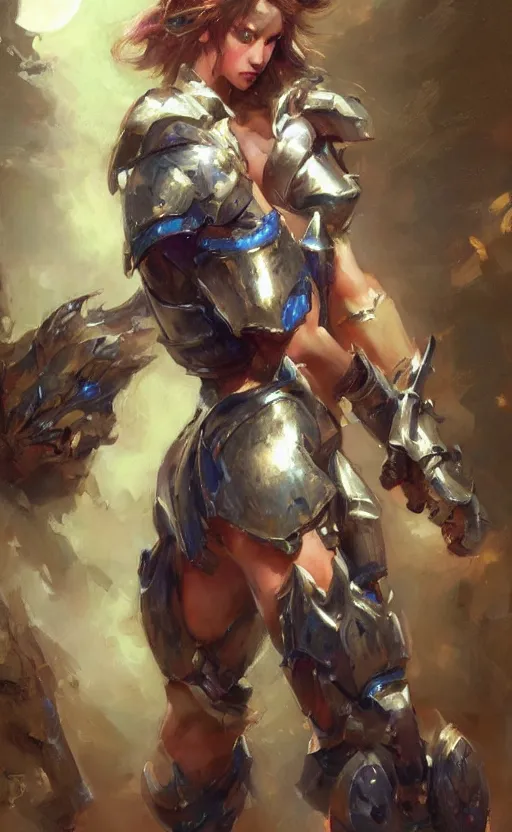 Image similar to muscular full armored girl by daniel gerhartz, colorfull, good shading, perfect lights, moonlight background, trending on art station