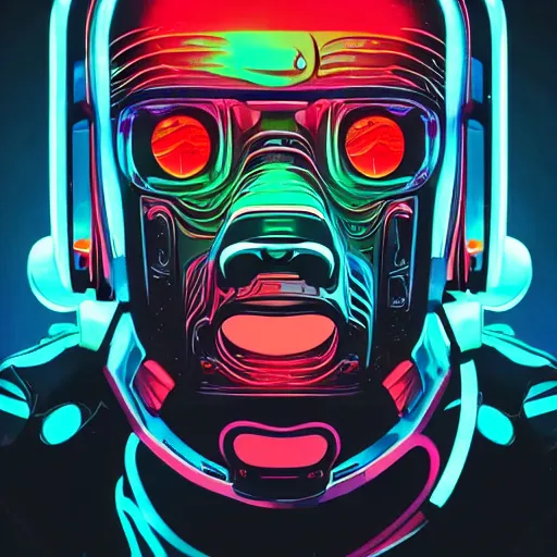 Image similar to a cyberpunk monkey, clear vector, vectorial curves, sci-fi, close-up, cybernetic implant, neon, cyberpunk, center frame portrait, 2D, matte-painting