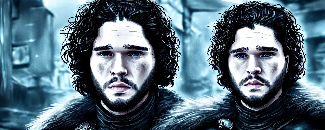 Image similar to portrait of Jon Snow, Game of Thrones, as a cyberpunk dystopia, 4k highly detailed digital art 4k highly detailed digital art